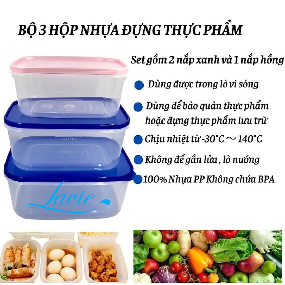 Bộ 3 hộp nhựa đựng thực phẩm thức ăn kèm nắp nhiều dung tích tiện lợi Đại Đồng Tiến 100% nhựa PP an toàn sức khỏe