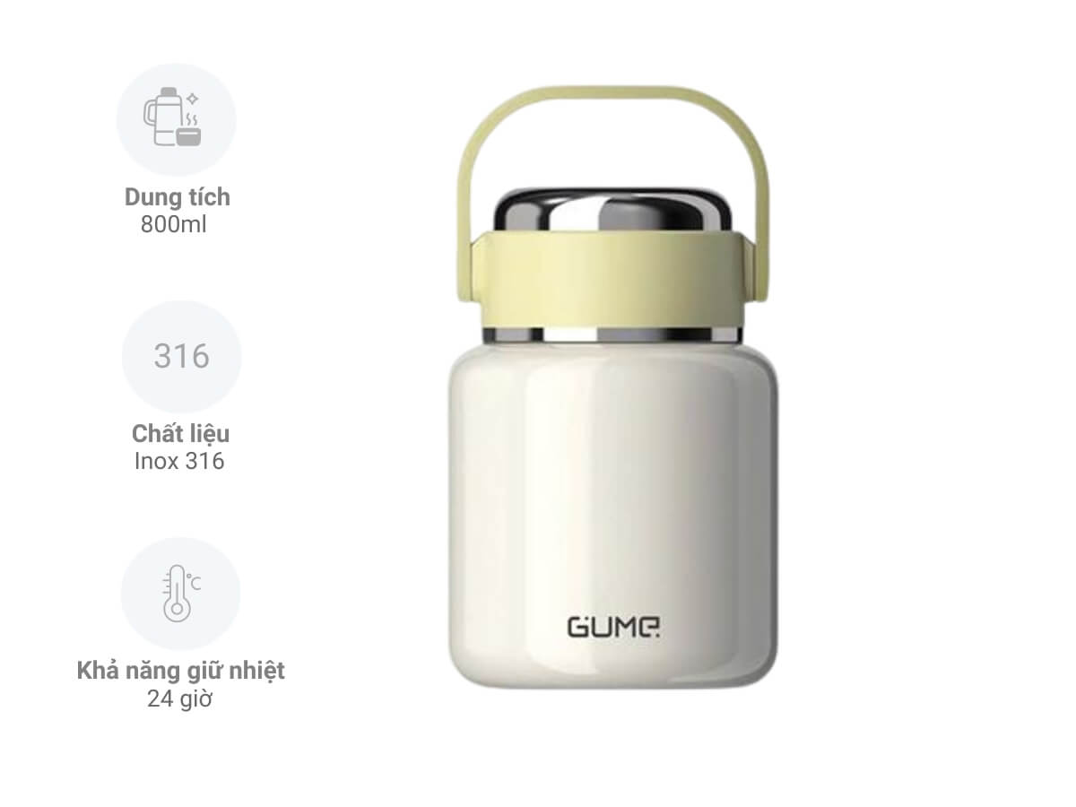Bình ủ cháo giữ nhiệt inox 316 Hàn Quốc GM-F188 dung tích 800ml tặng kèm Thìa Inox gấp gọn