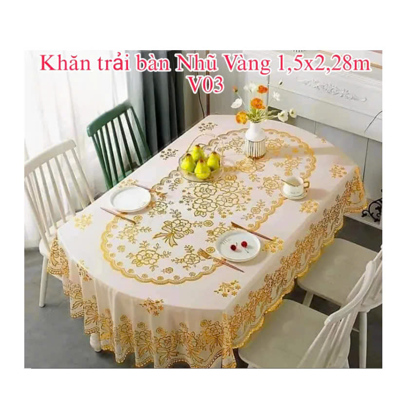 Khăn Trải Bàn PAULEE WLG 751 (150 x 228 cm) hoa văn phủ nhũ vàng, không thấm nước