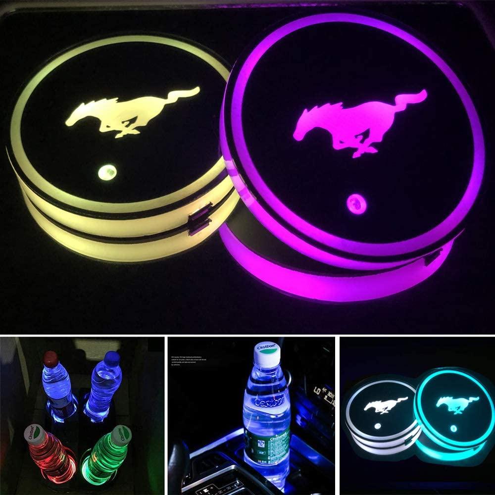 Đèn LED giữ cốc xe hơi cho Mustang, 2 miếng lót logo ô tô