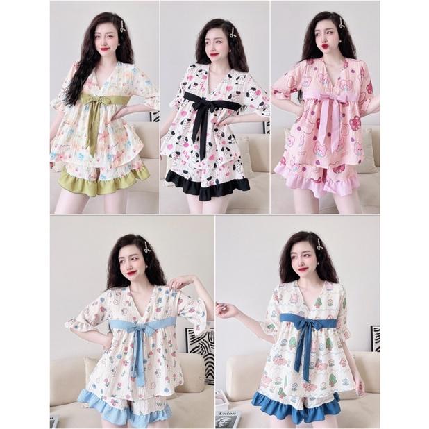 Đồ Bộ Nữ lụa xốp phối nơ ngực, vòng 1 &lt; 90cm, Freesize 40-65kg, tùy chiều cao