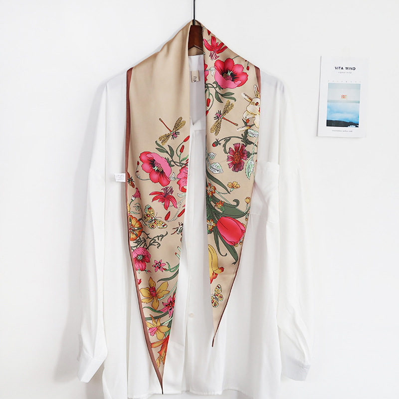 Khăn lụa dáng dài họa tiết hoa lá Vintage dễ thương AKL97