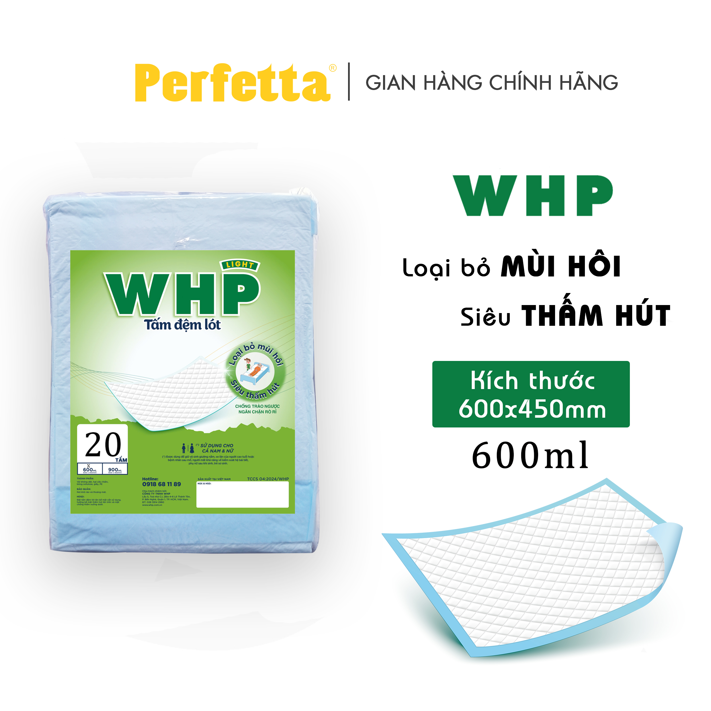 Tấm Đệm Lót WHP Underpad, Siêu Thấm Hút, Chống Trào Ngược, Khử Mùi Hiệu Quả Size 60x45 cm (8 miếng/túi)