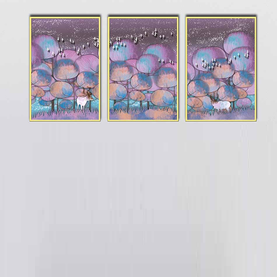 Bộ 3 tranh canvas treo tường Decor họa tiết cách điệu hươu và rừng cây, phong cách hiện đại - DC025