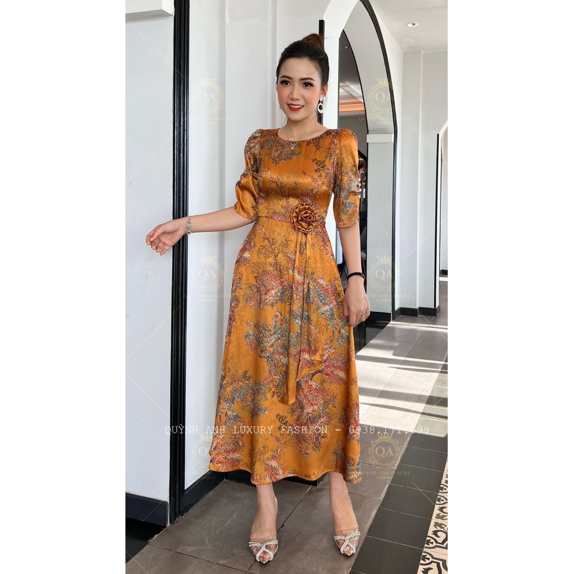 Váy Đầm Xoè Hoa Tone Vàng Đẹp Sang Trọng Cao Cấp Akina Dress