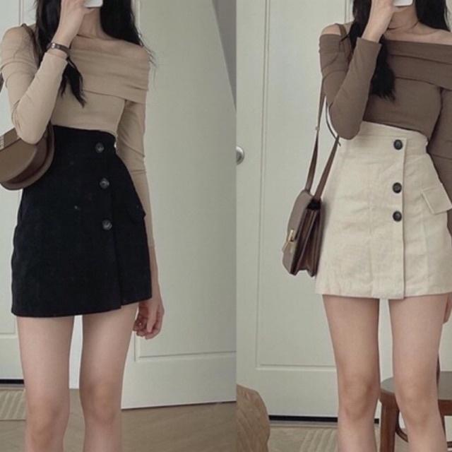Chân Váy Nữ Chữ A Cúc Lệch 3 Màu ,Chất Nhung Tăm dưới 60kg - Cạp Cao Kèm Lót Quần