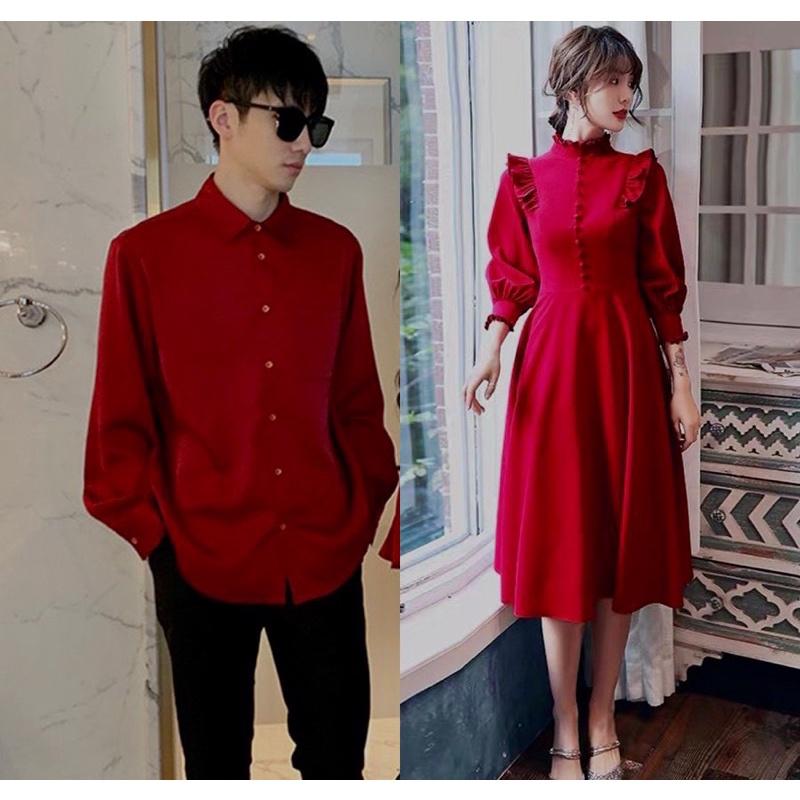 Set áo đầm đôi tình nhân màu đỏ áo sơ mi đầm tiểu thư dài tay đồ cặp Hàn Quốc- đi biển, đi chơi, chụp hình cưới - Smice House