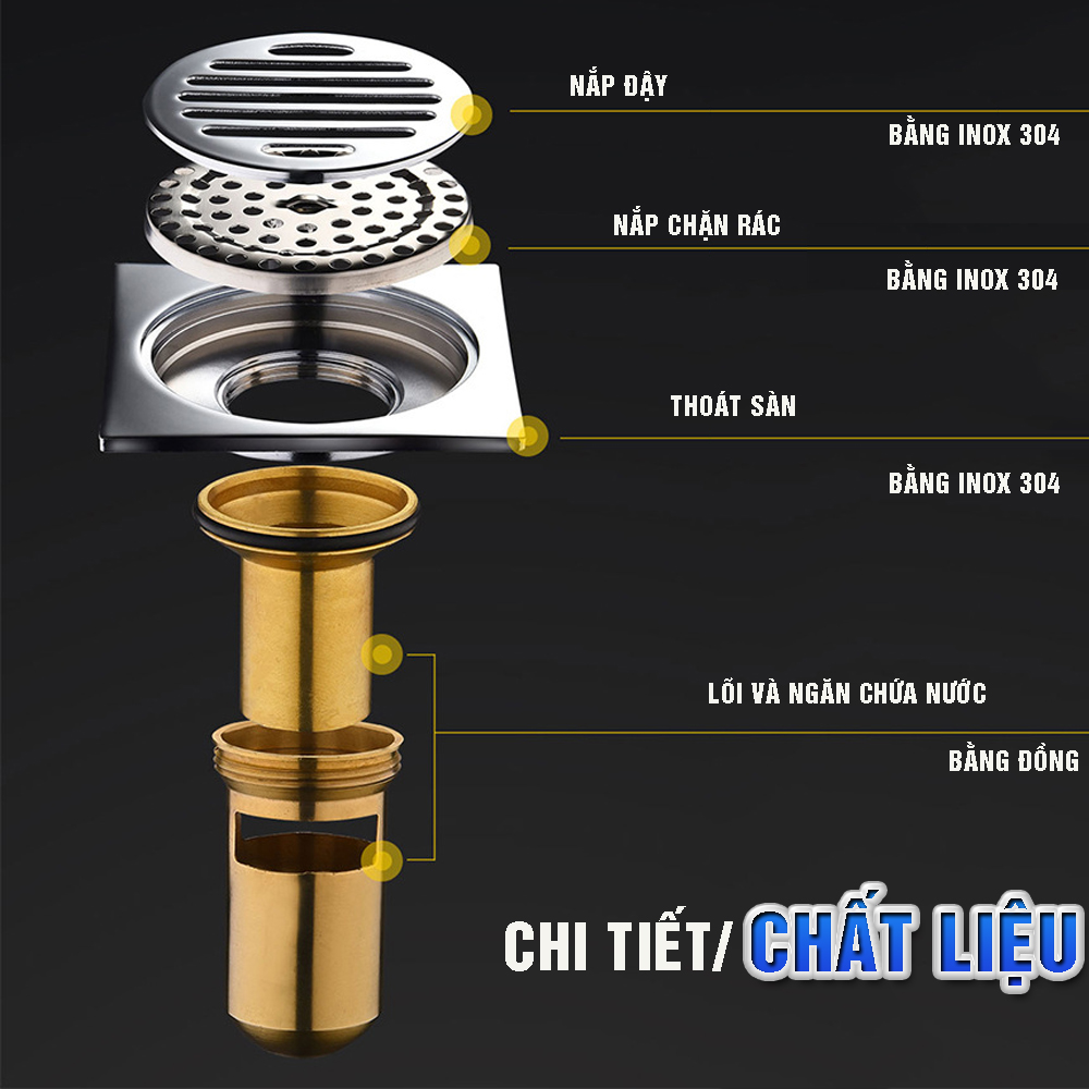 Phễu ga thoát sàn ngăn mùi, vi khuẩn, côn trùng trào ngược lên INOX SUS 304, lõi đồng, MIHOCO 183