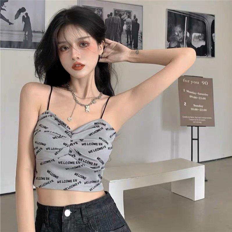 M196. Áo 2 dây có mút ngực croptop in chữ cá tính, áo kiểu nữ đẹp sang chảnh 2023