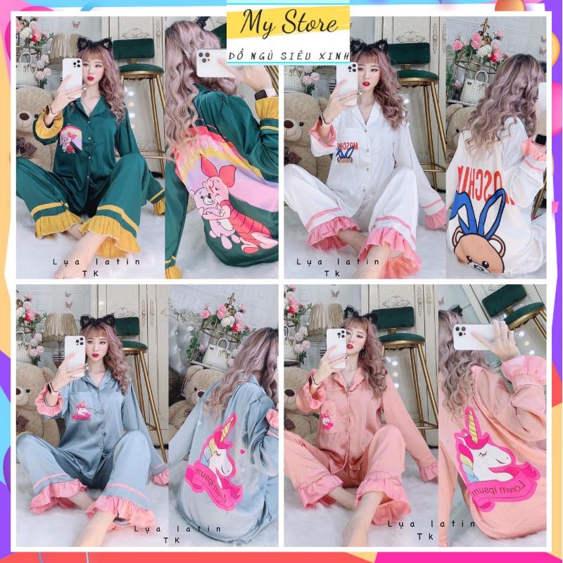 Đồ bộ nữ mặc nhà, đồ ngủ Pijama dễ thương lụa latin tay dài quần dài, Freesize dưới 60kg MYSTORE S24