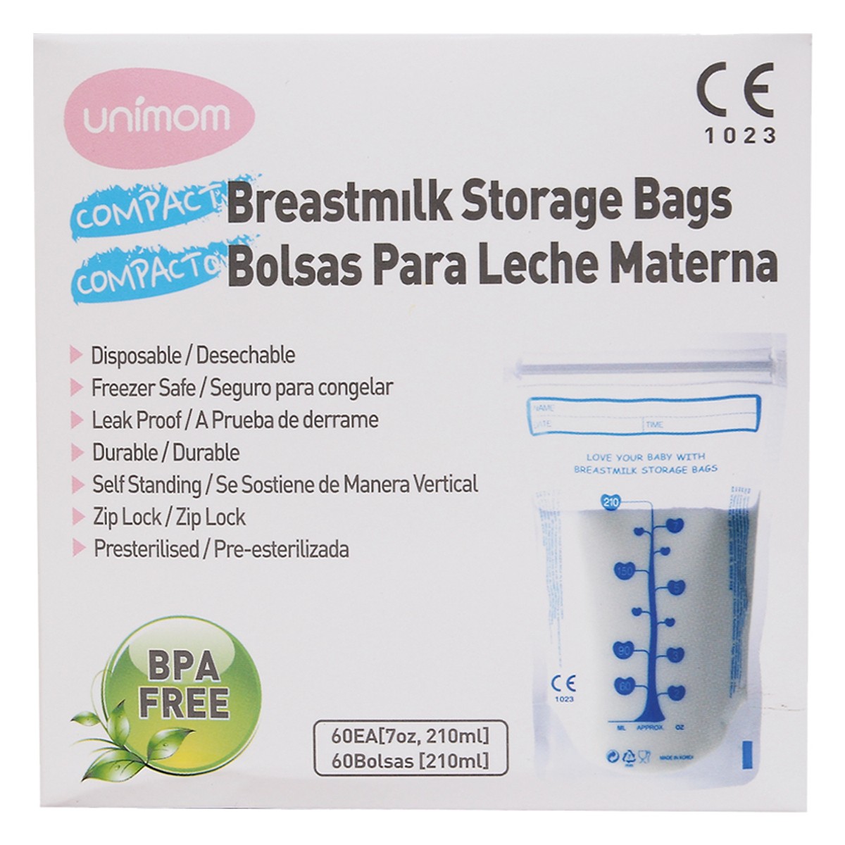 Túi Đựng Sữa Mẹ (Trữ Sữa Mẹ) Unimom Compact Không Có BPA UM870268 210ml (60 Túi/Hộp)