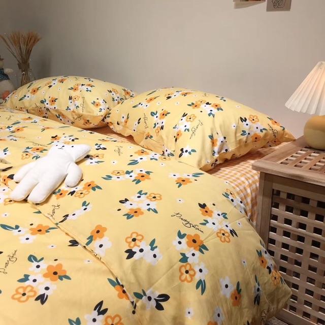 Set Ga Gối Hàng Nhập Khẩu Nguyên Set 4 Món Cao Cấp Màu Vintage Hoa Nhí Vàng