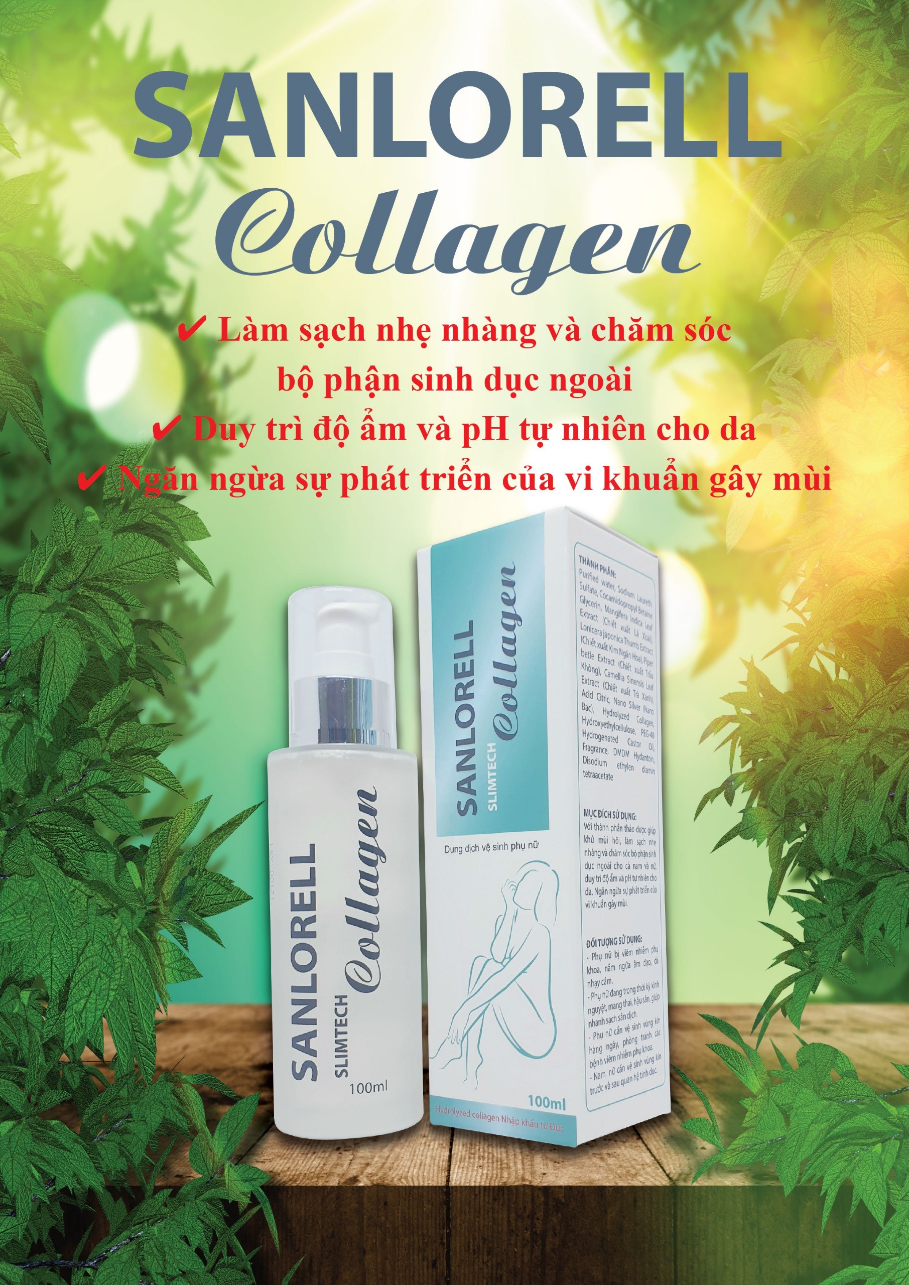 Dung Dịch Vệ Sinh - Sanlorell Slimtech Collagen - Khử Mùi, Làm Sạch, Duy Trì Đàn Hồi Da, Vệ Sinh Vùng Kín Trước Và Sau Quan Hệ (Chai 100 ml)