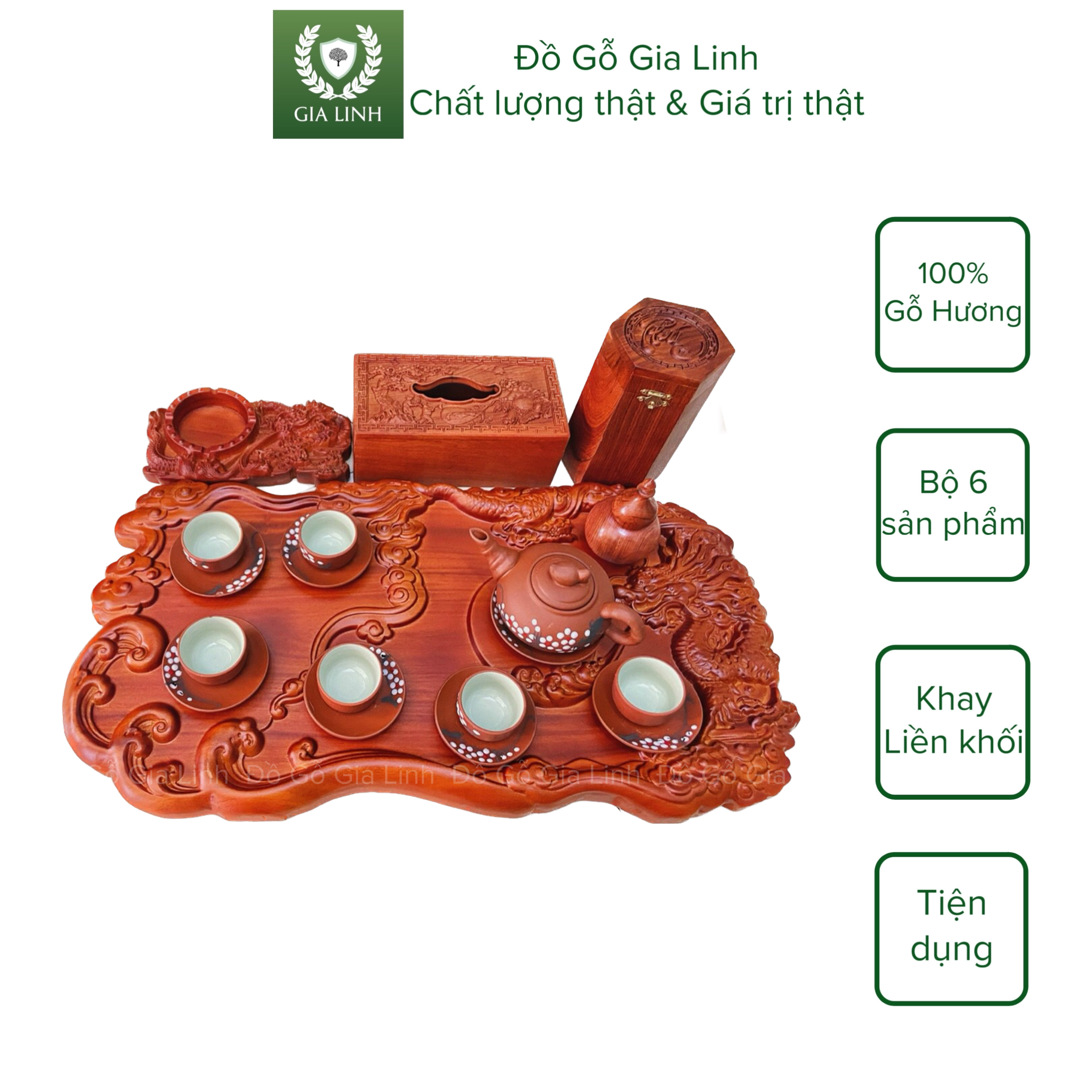 Bộ 6 sản phẩm khay trà Nhất long nhả ngọc Đồ Gỗ Gia Linh gỗ Hương đá