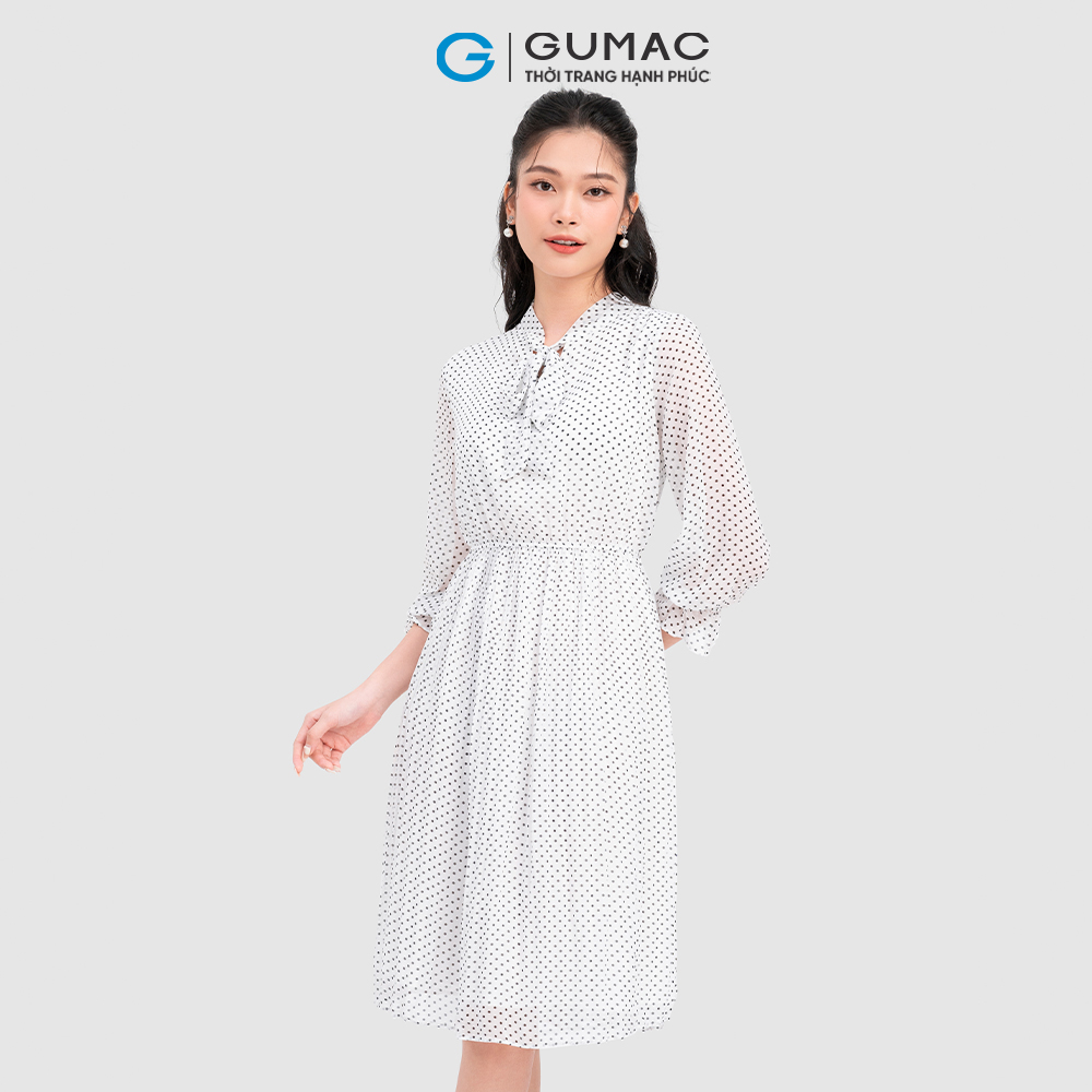 Đầm họa tiết chấm bi cổ nơ nhún eo GUMAC LD1012