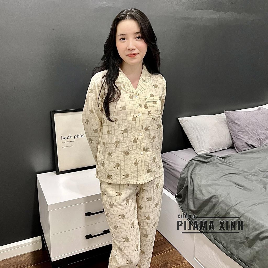 Bộ ngủ pijama mặc nhà dài tay họa tiếtThỏ kẻ chất đũi xốp thoáng mát thấm hút mồ hôi