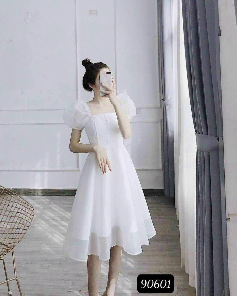 Đầm váy nữ dự tiệc voan tơ cổ vuông đính ngọc đỏ trắng nude nhẹ nhàng trẻ trung