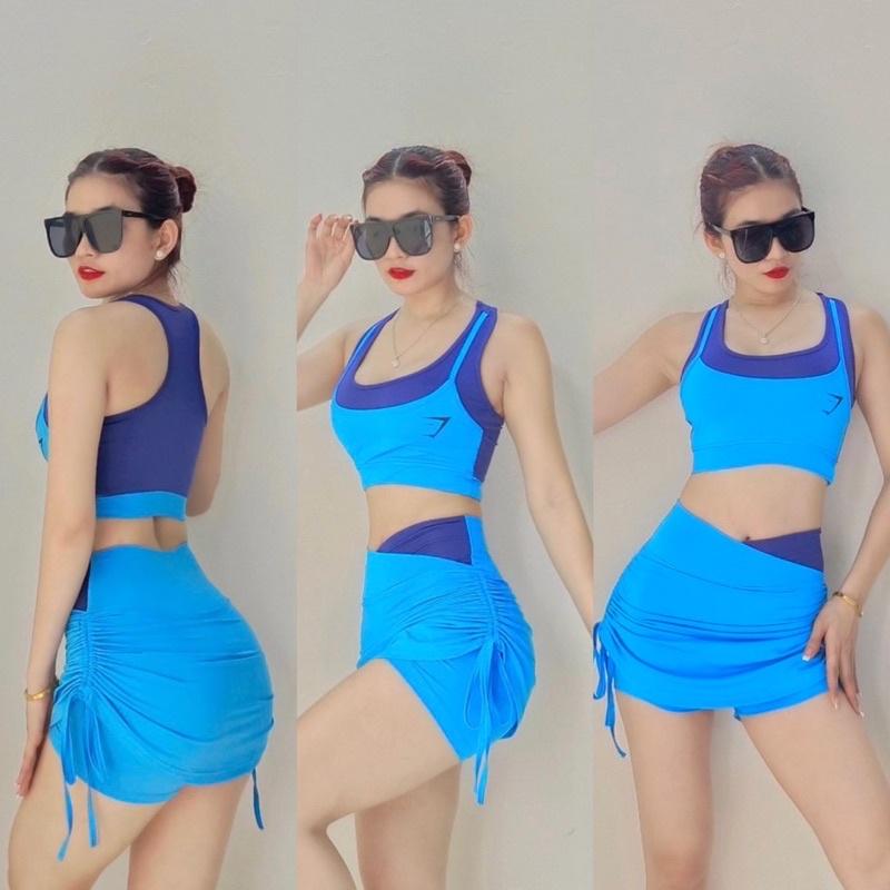 Set bộ tập áo bra váy rút dây phối màu hit hot tập gym, aerobic,thể dục,đi bơi nữ