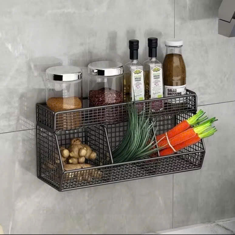 Giỏ Đựng Hành Tỏi Dán Tường, Kệ Đựng Gia Vị 3 Ngăn 2 Tầng Gắn Tường Nhà Bếp Tiện Lợi Bằng Thép - Kèm Miếng Dán - Hàng Chính Hãng MINIIN