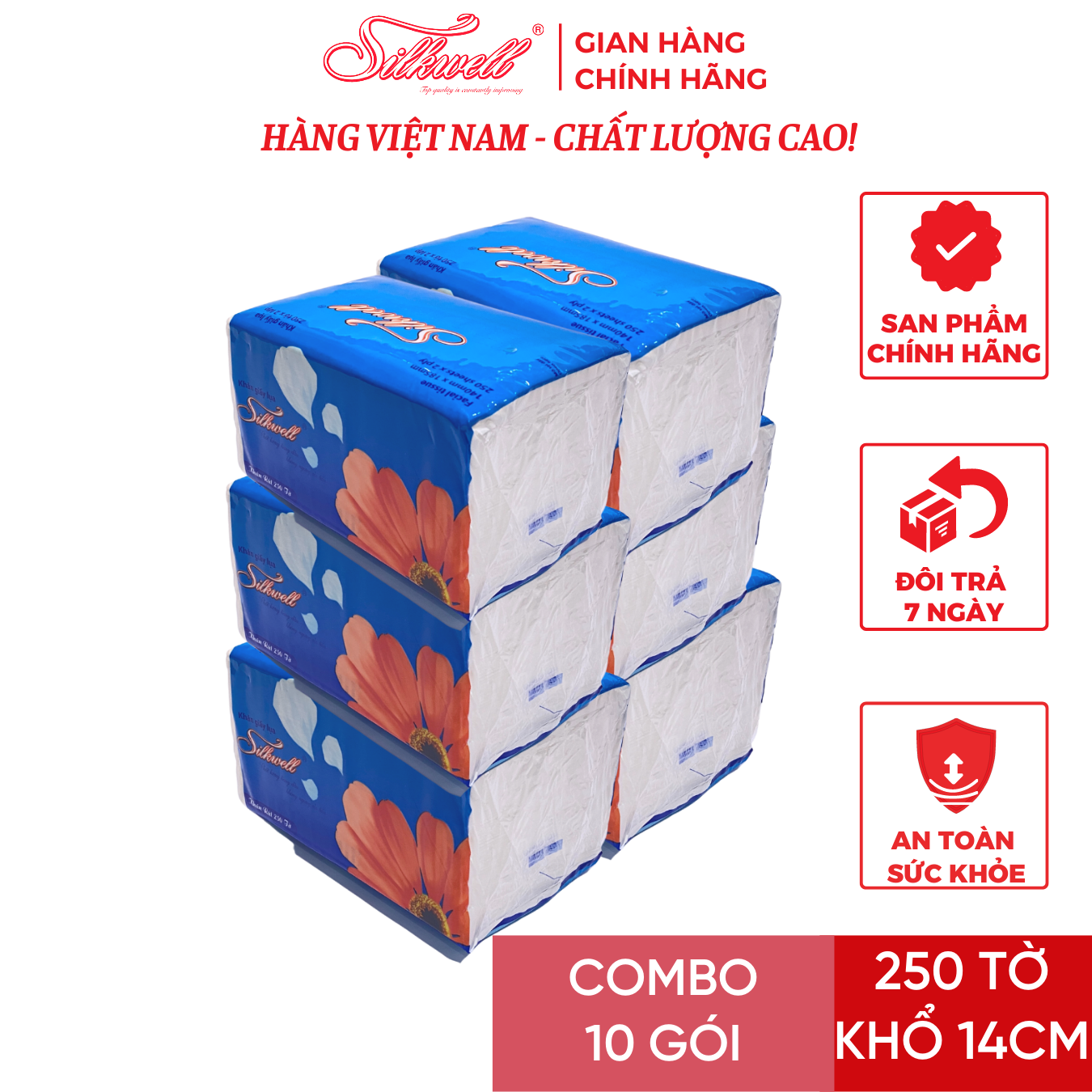 Combo 10 gói giấy ăn rút lụa 250 tờ khổ 140mm Silkwell chính hãng