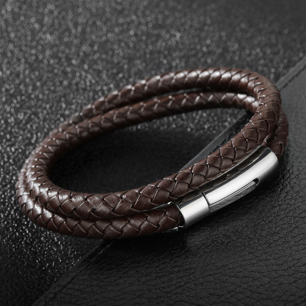Vòng tay dây da 2 tầng màu nâu 6mm khoái gài vip đem lại đẳng cấp, phong độ cho người đeo