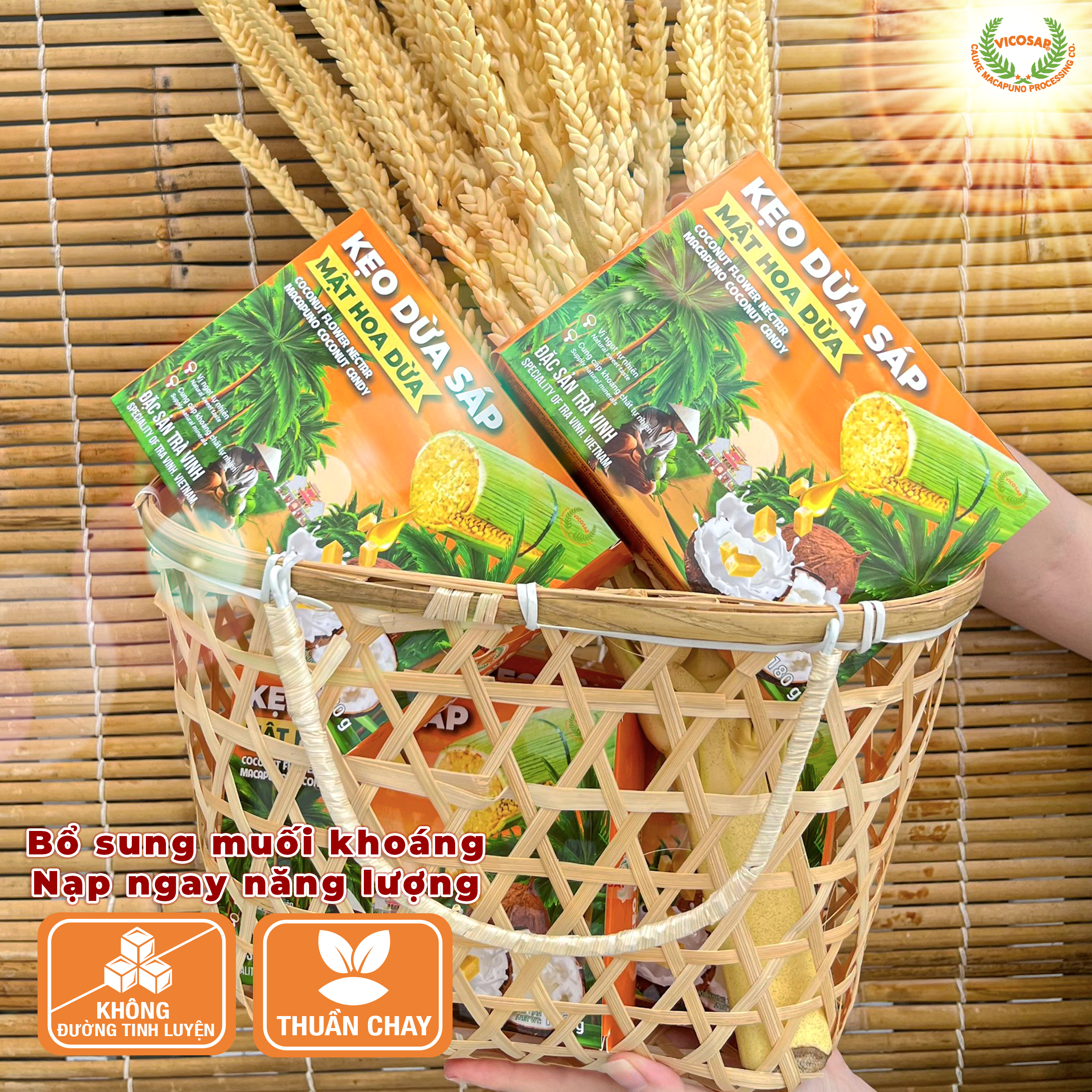 Kẹo dừa sáp VICOSAP mật hoa dừa không đường đồ ăn vặt healthy kẹo mềm dẻo đặc sản Trà Vinh