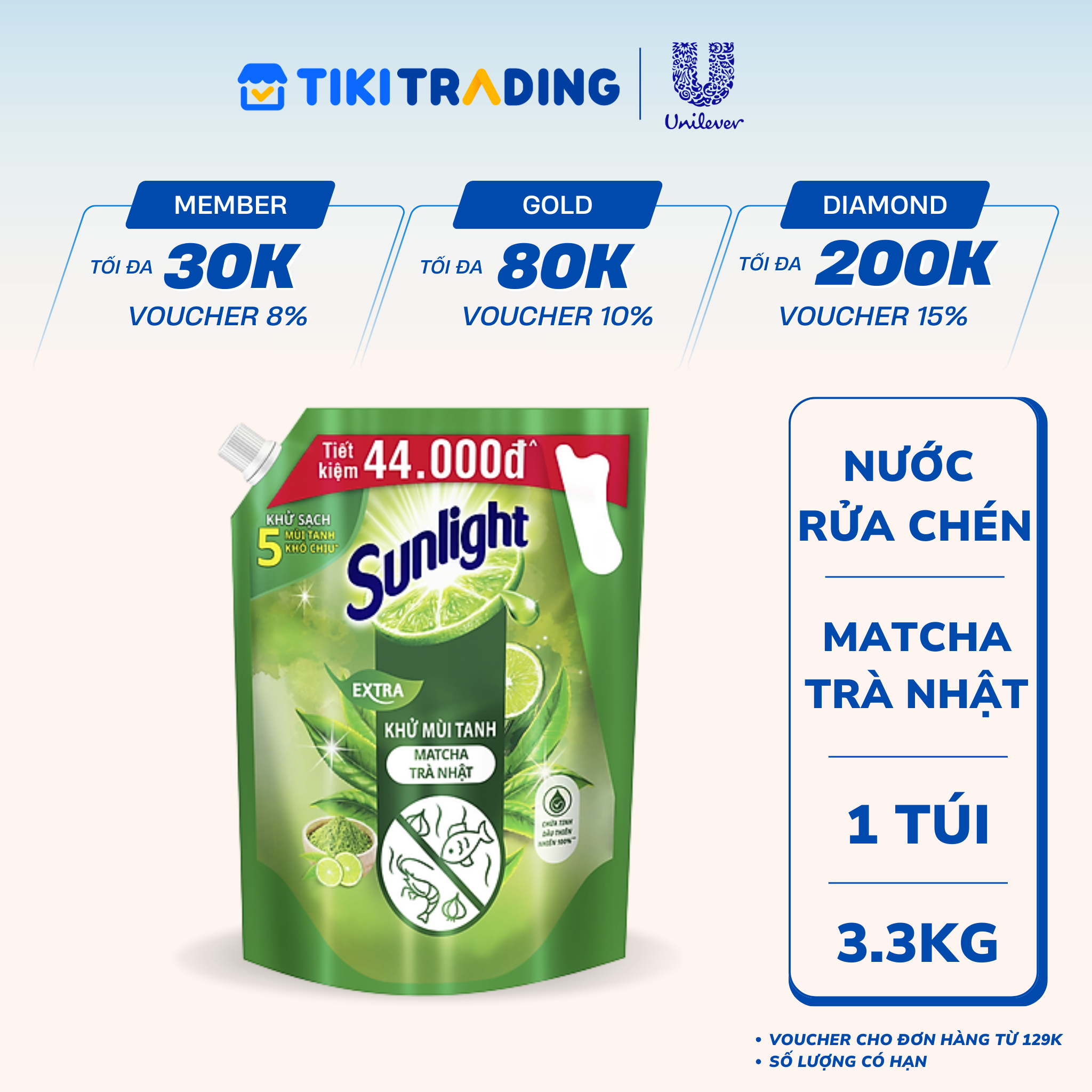 Túi Nước Rửa Chén Sunlight Bio-care Thiên Nhiên 100% Gốc Thực Vật Hương Matcha Trà Nhật 3.3KG