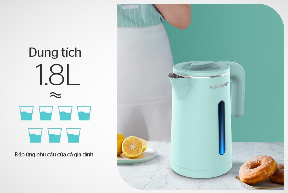 Ấm siêu tốc, bình đun siêu tốc Sunhouse inox 2 lớp, dung tích 1,8 lit, SHD1351 -Hàng Chính Hãng
