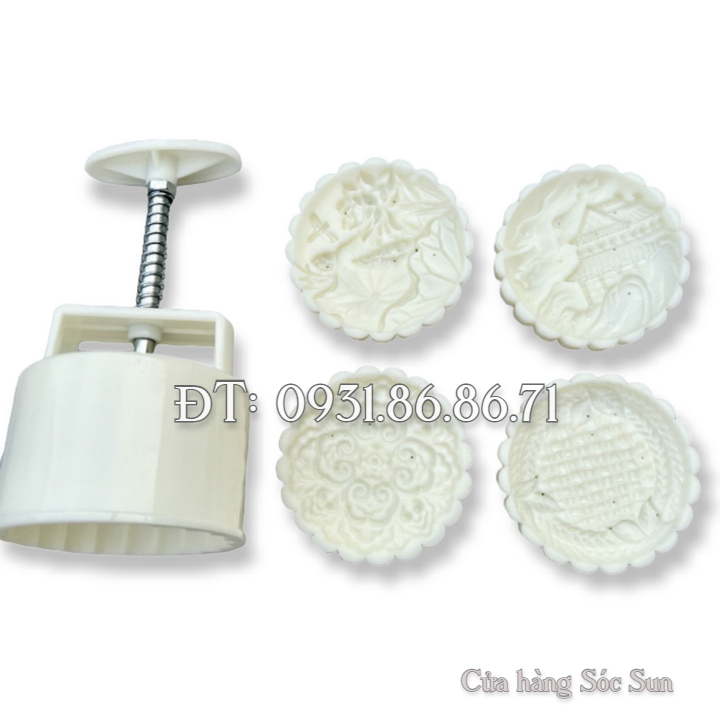 Khuôn trung thu lò xo 4 mặt hình tròn hoa sen, ngôi nhà – Mã số 1907