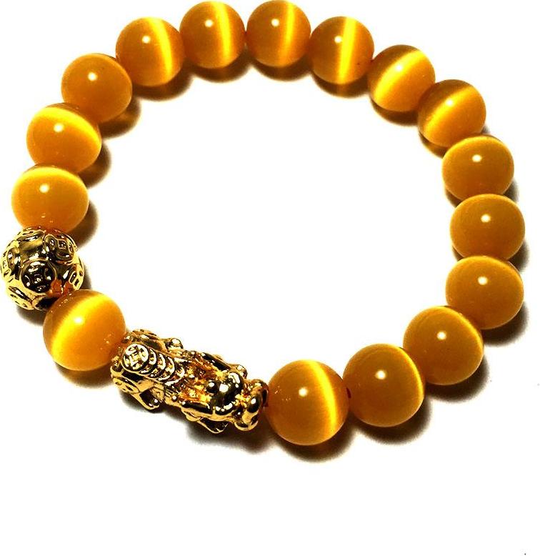 Vòng tay phong thủy đá mắt mèo màu vàng kèm cham tì hiu bạc mạ vàng 24k cao cấp cho người mệnh kim - mệnh thổ - VPT32A- Bạc QTJ