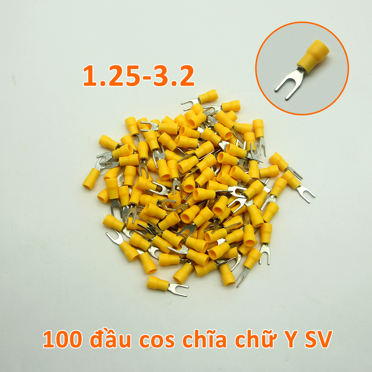 Túi 100 đầu cos chĩa chữ Y SV 1.25-3.2 bọc nhựa vàng