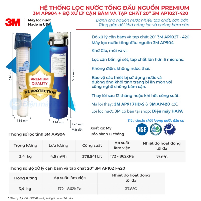 Máy Lọc Nước Đầu Nguồn 3M AP904 PREMIUM Lọc Tổng Sinh Hoạt Căn Hộ Chung Cư Nhà Phố - Chính Hãng 3M