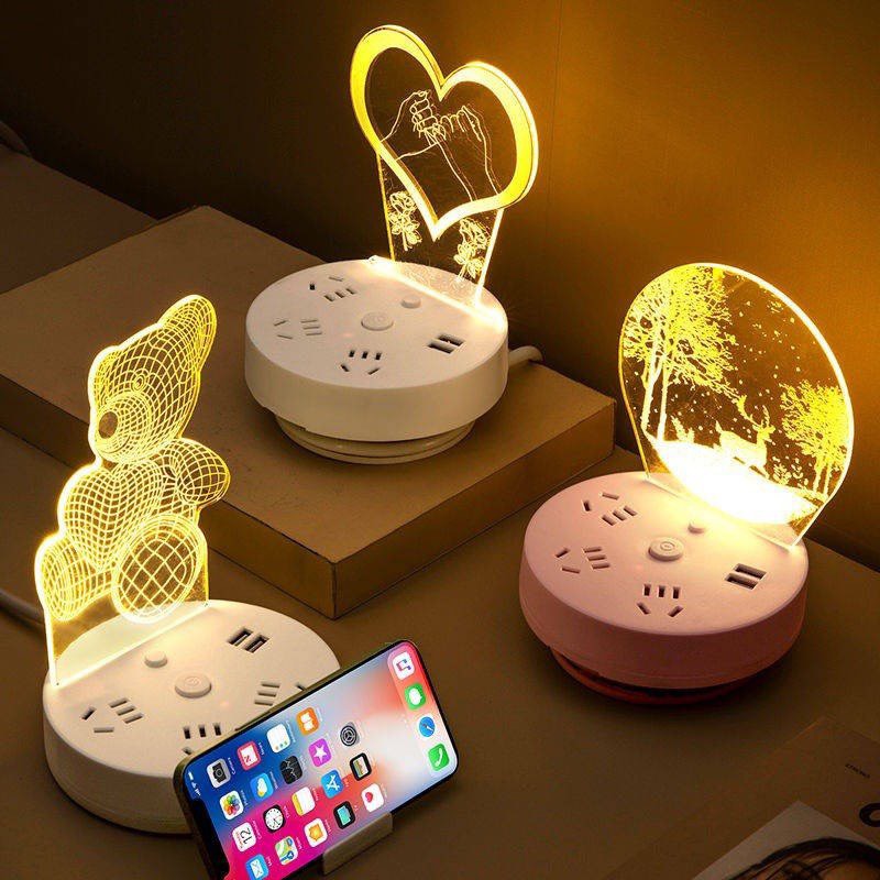 Đèn ngủ led 3d trang trí - Ổ cắm điện đa năng - Đế kê điện thoại - Món quà độc đáo
