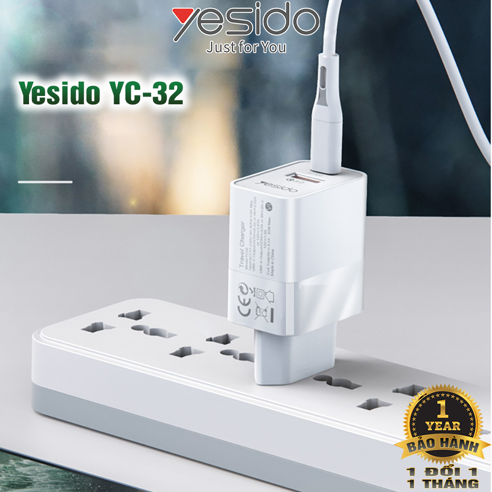 Củ sạc nhanh chuẩn kép PD20W và QC3.0 Yesido YC-32 công suất 20W - Hàng chính hãng