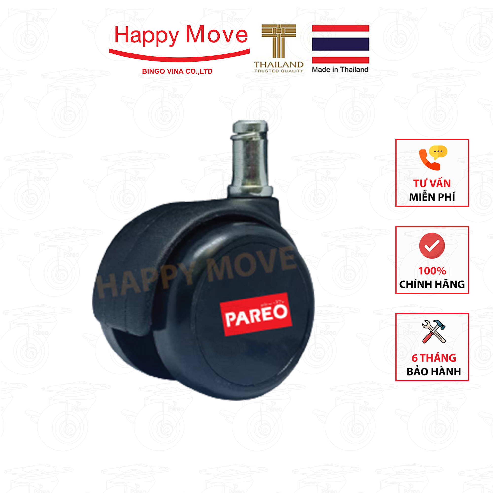 Bộ 5 bánh xe cọc vít trơn 50mm cho ghế/bàn xoay văn phòng nội thất - tải 40kg - màu đen - Happy Mobe Thái Lan