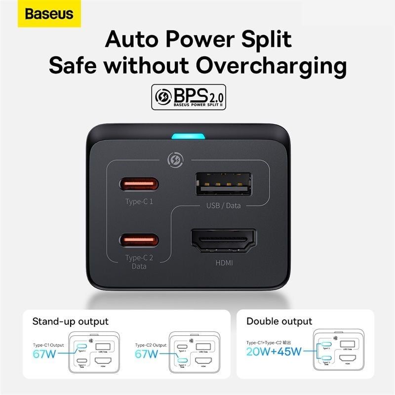 Bộ Sạc Nhanh Kiêm Hub Mở Rộng Đa Năng 2 in 1 công suất 67W Baseus GaN5 Pro Desktop Fast Charger 1U+2C+HDMI (CCGAN67-HDS)- Hàng chính hãng