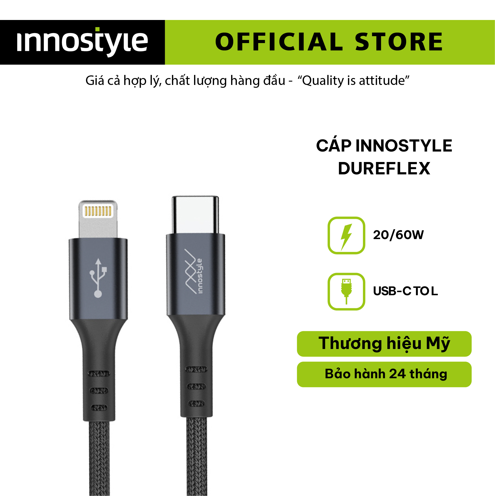 Cáp C to L Innostyle DuraFlex Chuẩn PD 20W/60W Dài 1.5m cho iPhone - Hàng Chính Hãng