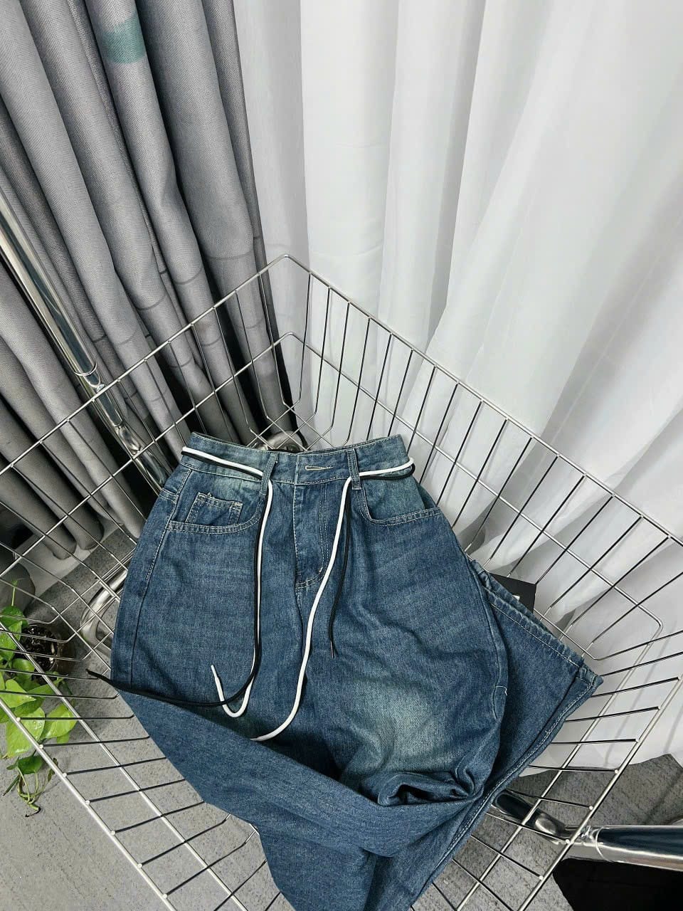 [Quần size đại] Quần jean nữ ống suông lưng cao, quần baggy jean nữ lưng bản to rút dây eo thời trang