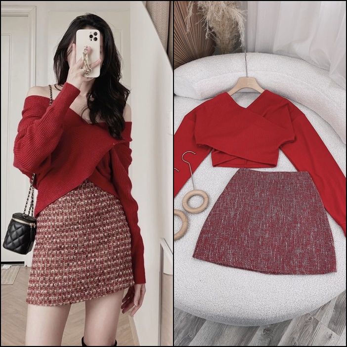 SET ÁO CROPTOP LEN TAY DÀI + CHÂN VÁY NGẮN ĐỎ GIÁNG SINH NOEL