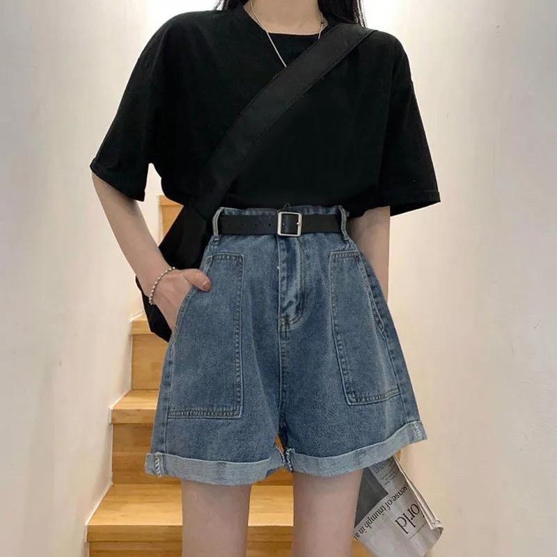 Quần Short Jean Nữ Màu Xanh Basic, Quần Đùi Chất Bò Dáng Ngố Lửng Ống Rộng Có Túi Hai Bên Loại 1 Dày Mịn Tay