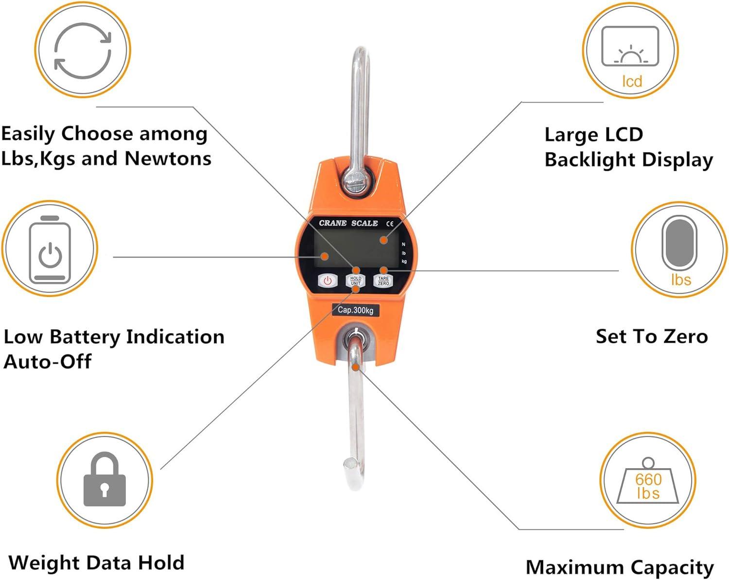 Cân Điện Tử 300Kg Móc Treo Cân Màn Hình LCD Lực Kế Móc Công Nghiệp Cân Trọng Lượng Cân 300Kg/600lbs