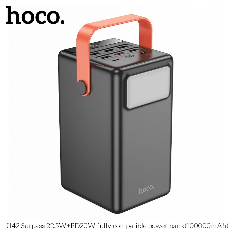 Pin sạc dự phòng 100000mAh Ho.co J142 QC 3.0 22.5W và TypeC PD 20W, Có đèn Led (Đen) - Hàng chính hãng