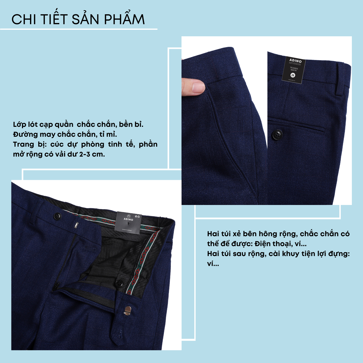 Quần âu công sở nam màu xanh than kẻ ô ADINO vải cotton không bai xù dáng slimfit trẻ trung QA94