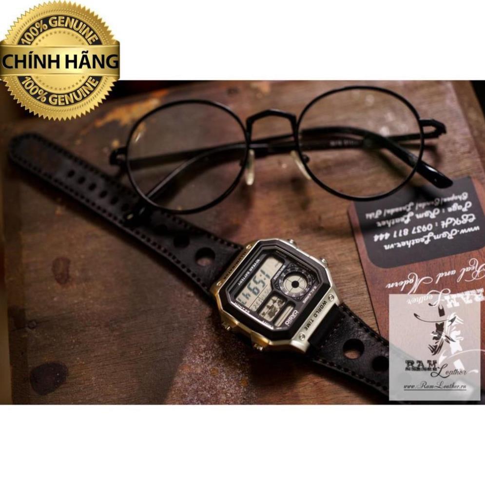 DÂY ĐỒNG HỒ DÀNH CHO CASIO AE1200 BUNDSTRAP DA BÒ THẬT ĐEN TUYỀN .