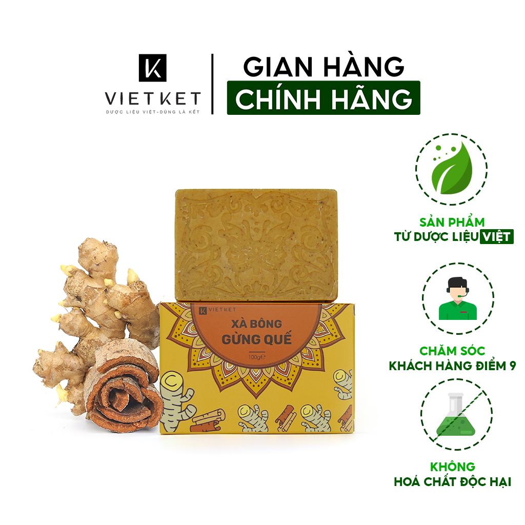 Cục Xà Bông Gừng Quế VIETKET DDHC 100g - Làm Sạch, Giảm Mụn Lưng, Sáng Da, Duy Trì Độ Ẩm, Hương Thơm Thảo Dược