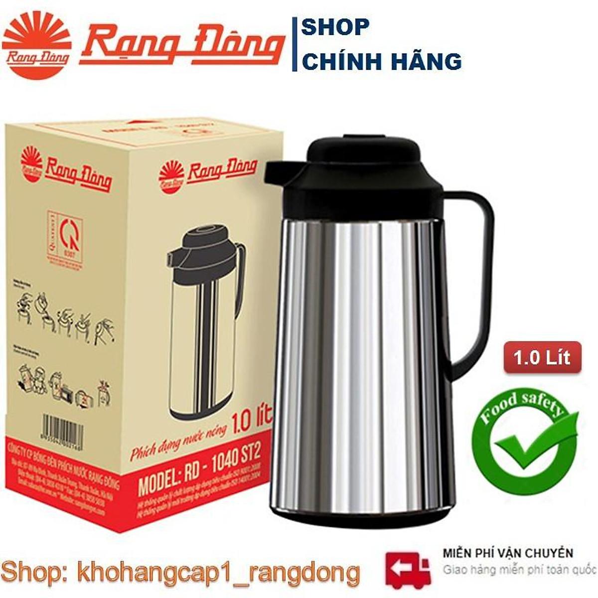 Phích đựng nước nóng 1 lít Rạng Đông INOX cao cấp có nút ấn - 1040ST2 - Vỏ Inox