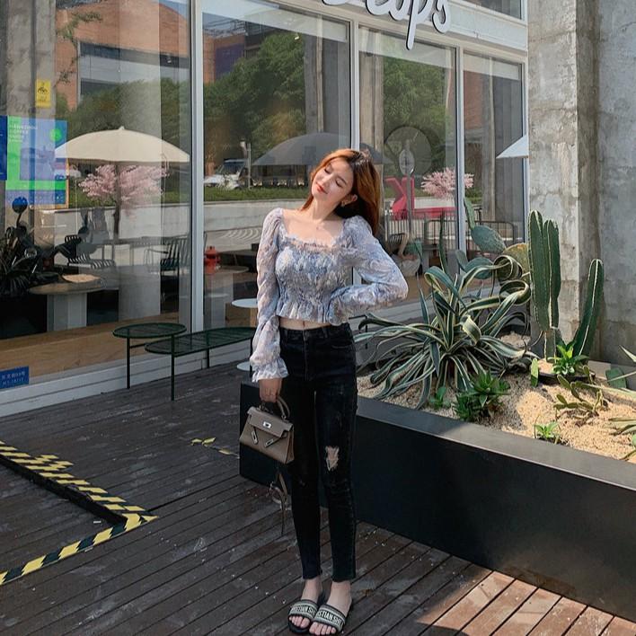 Áo Kiểu Vải Voan Tay Phồng Cổ Vuông In Họa Tiết Sơn Dầu Xinh Xắn Cho Nữ