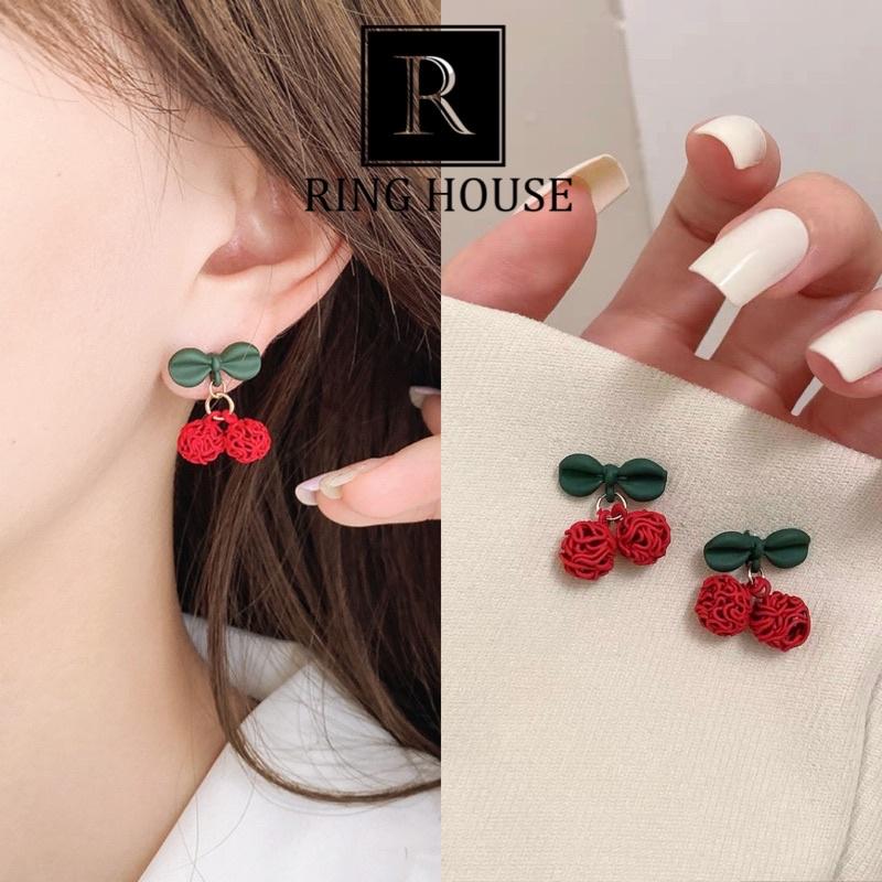 (Chuôi Bạc 925) Bông Tai Khuyên Tai Nữ Cherry Đỏ Cuốn Xanh Dễ Thương Xinh