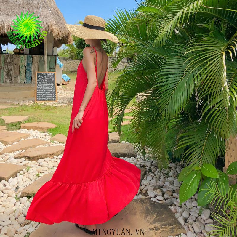 New beach dress red backless dress long skirt