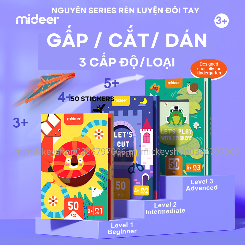 Bộ đồ chơi thủ công bóc dán Mideer 3 cấp độ cho bé 345 tuổi Level up sticking chủ đề động vật xe cộ